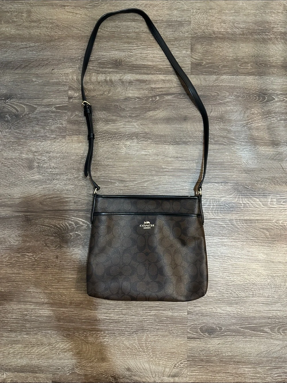 Coach Dark Brown Signature Crossbody with Black Trim